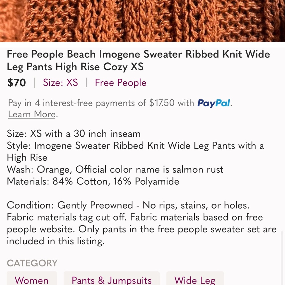 FREE PEOPLE BEACH IMOGENE RIBBED KNIT SWEATER PANTS SALMON RUST MEDIUM - Picture 4 of 11